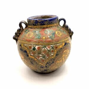Vintage Mexican Folk Art Pottery Small Jar Vase Hand Painted Handles 6" x 6"